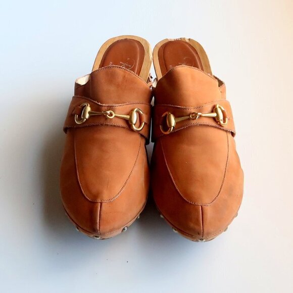 Rangonii of Florence Italian Tan Leather Gold Horse-bit Wooden Clogs / Mules 9 - Picture 12 of 16